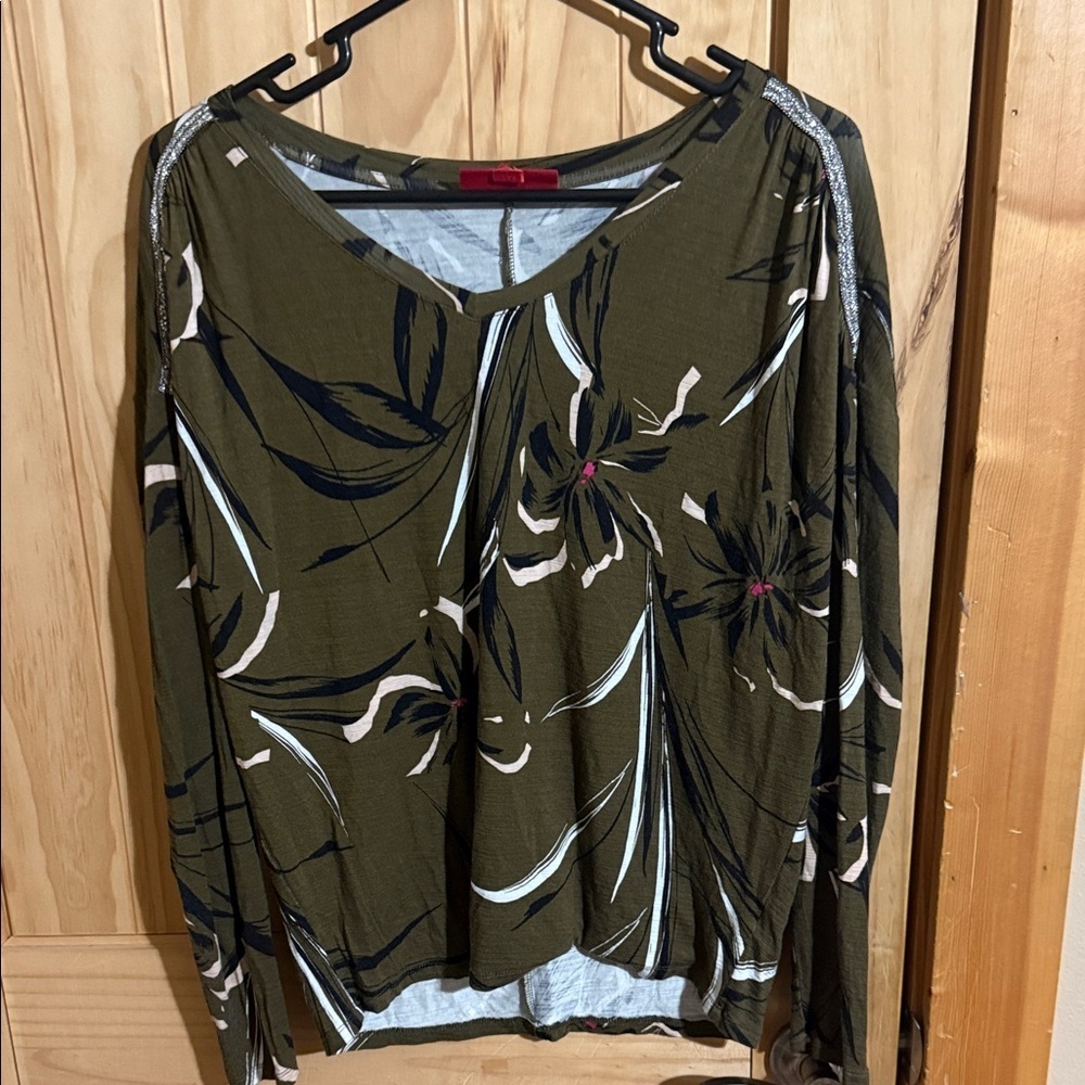 Jennifer Lopez Olive and Black Floral Blouse